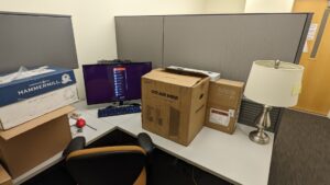 Jamie's new computer, in boxes and awaiting assembly.