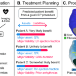 Risk stratification; treatment planning; procedural guidance (ventricular model + activation sequence showing reentry)